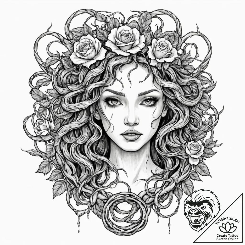 Tattoo design, medusa portrait, her snakes ar... - tattoo sketch (№1751475668_0, 02.07.2025 17:01) — tattoovalue.net