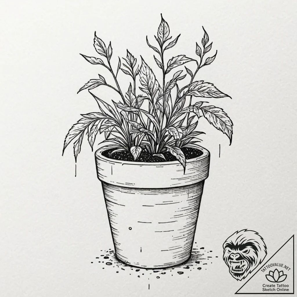 Tattoo design, handpoke style, a plant in a p... - tattoo sketch (№1751476250_0, 02.07.2025 17:10) — tattoovalue.net
