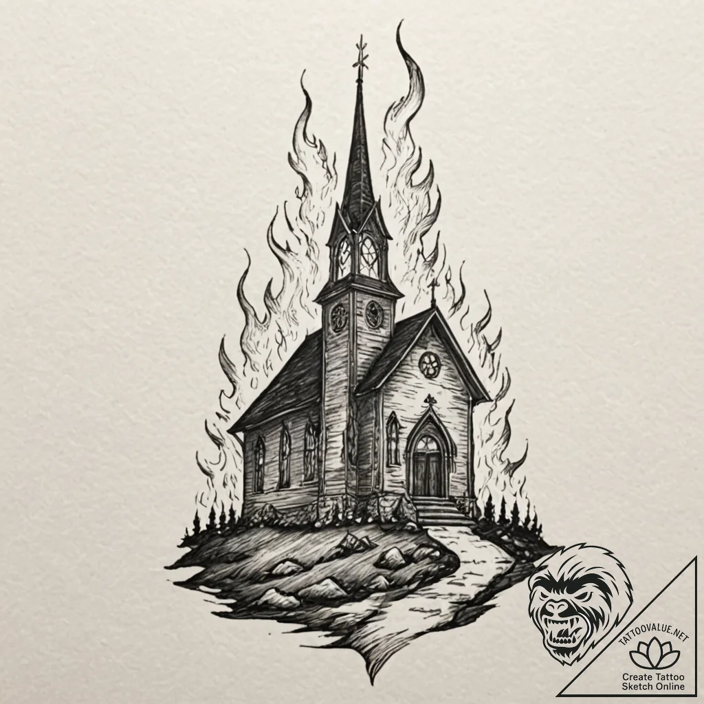 Tattoo design, a burning church, but the flam... - tattoo sketch (№1751476588_0, 02.07.2025 17:16) — tattoovalue.net