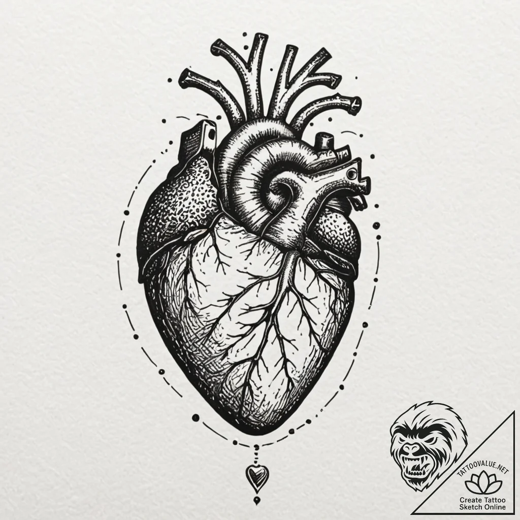 Tattoo design, a human heart connected to a u... - tattoo sketch (№1751478157_0, 02.07.2025 17:42) — tattoovalue.net
