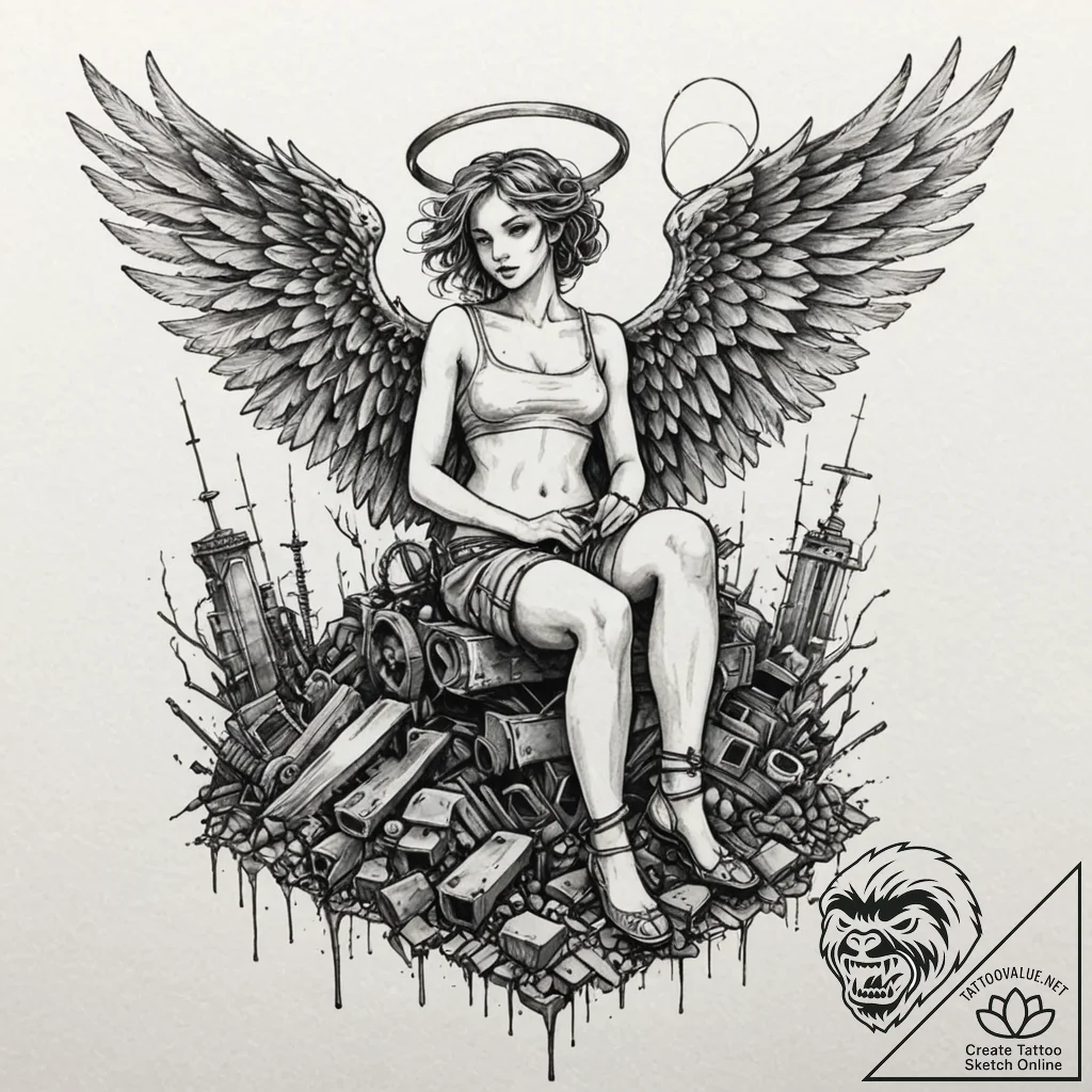 Tattoo sleeve design, junkyard angel, a chara... - tattoo sketch (№1751478239_0, 02.07.2025 17:43) — tattoovalue.net