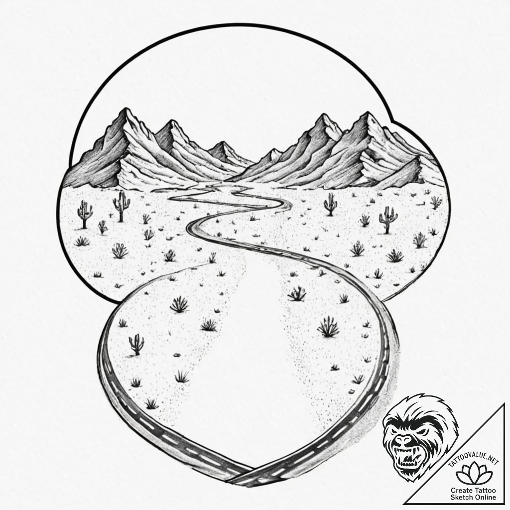 Tattoo design, a road winding through a deser... - tattoo sketch (№1751478819_0, 02.07.2025 17:53) — tattoovalue.net