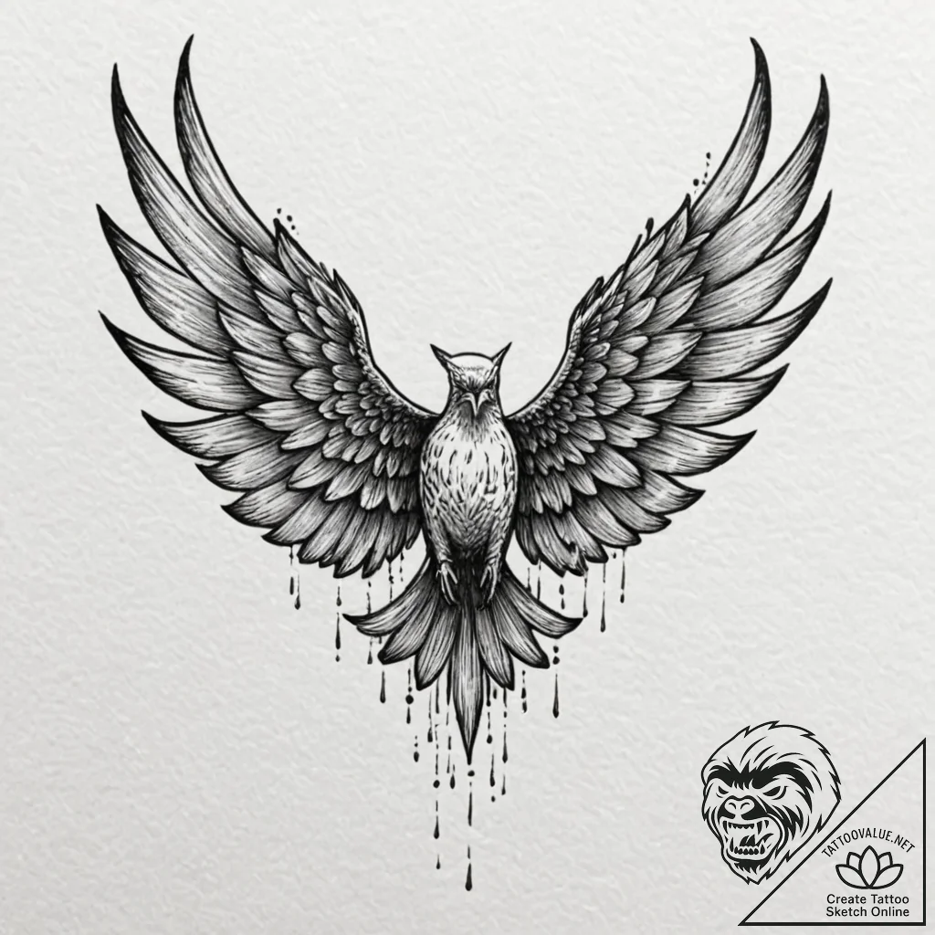 Tattoo design, a bird, but its wings are heav... - tattoo sketch (№1751480223_0, 02.07.2025 18:17) — tattoovalue.net
