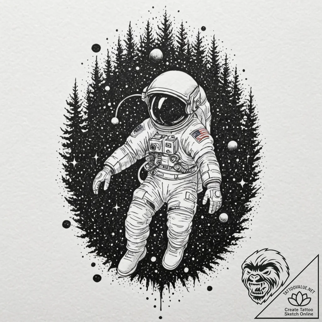 Tattoo design, an astronaut floating in space... - tattoo sketch (№1751480566_0, 02.07.2025 18:22) — tattoovalue.net
