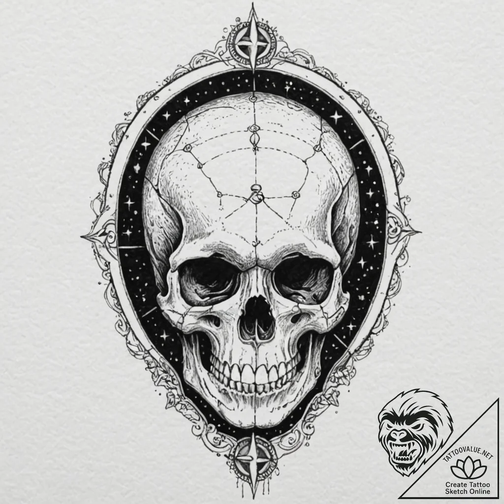 Tattoo design, a human skull, with a detailed... - tattoo sketch (№1751480647_0, 02.07.2025 18:24) — tattoovalue.net
