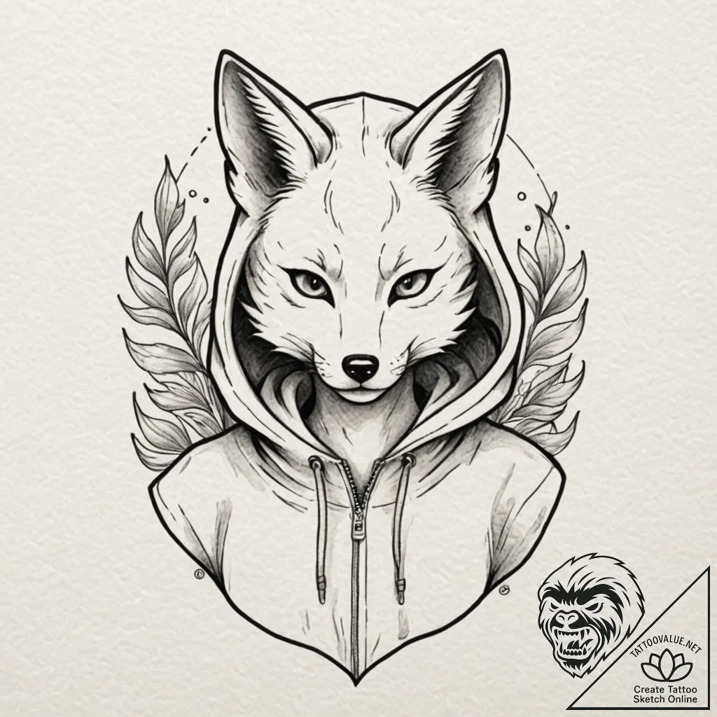 Tattoo design, a kitsune (fox spirit), wearin... - tattoo sketch (№1751480810_0, 02.07.2025 18:26) — tattoovalue.net