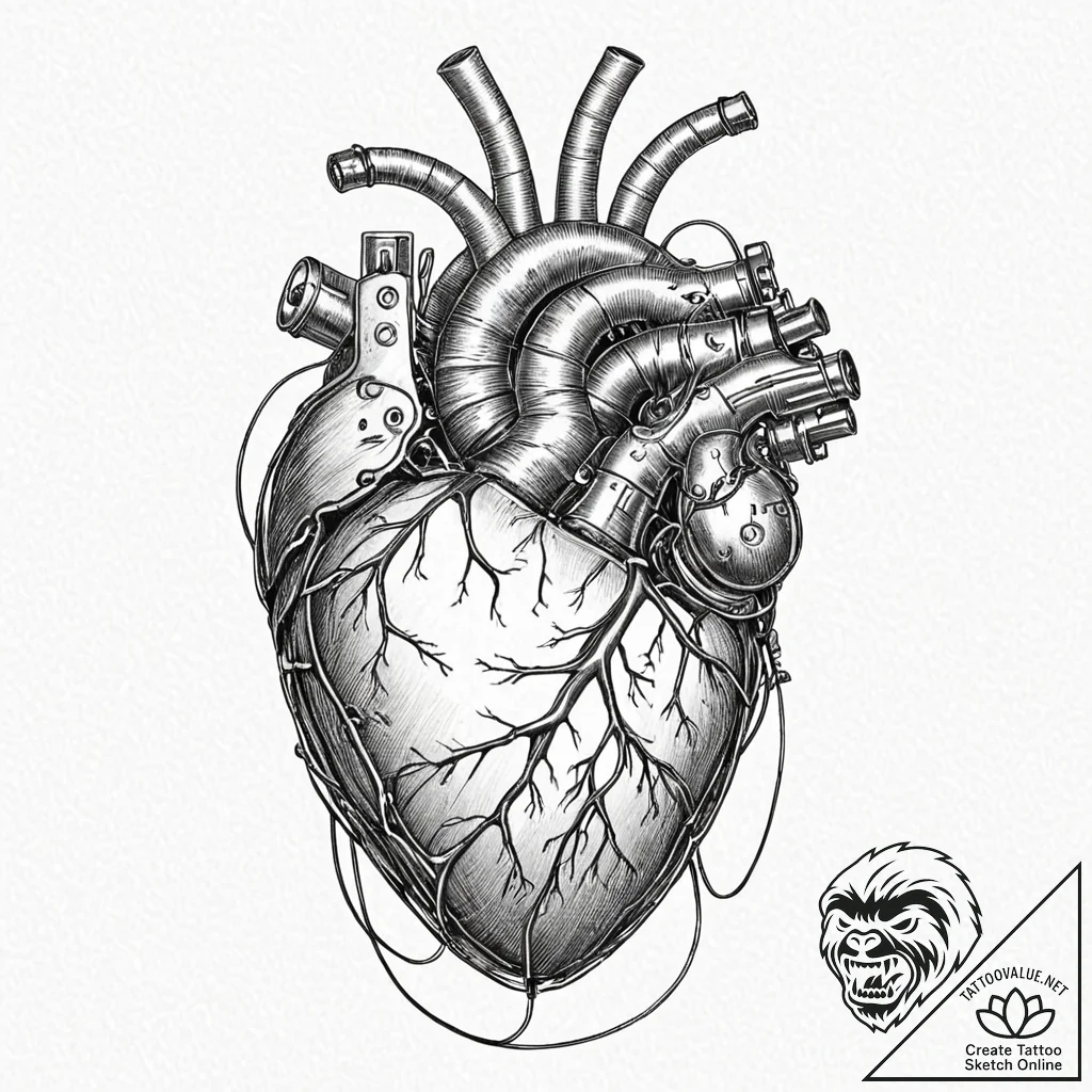 Tattoo design, anatomical heart made of wires... - tattoo sketch (№1751481135_0, 02.07.2025 18:32) — tattoovalue.net