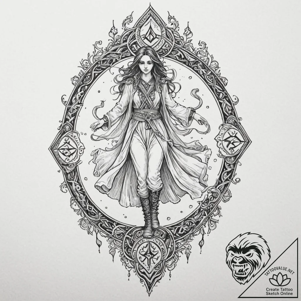 Tattoo sketch — figure in furs walking backwa... - tattoo sketch (№1751484780_0, 02.07.2025 19:33) — tattoovalue.net
