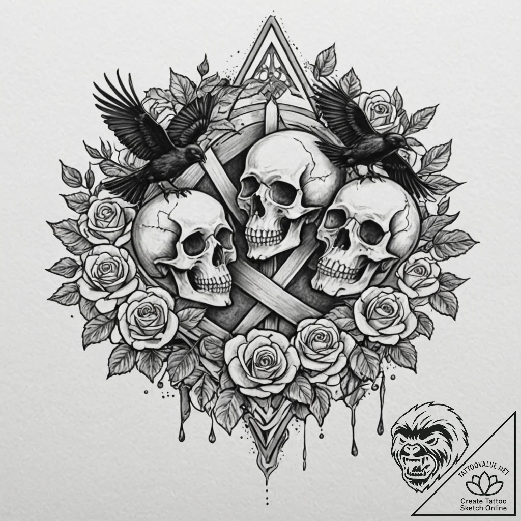 Tattoo sketch — three blind crows devouring a... - tattoo sketch (№1751485108_0, 02.07.2025 19:38) — tattoovalue.net