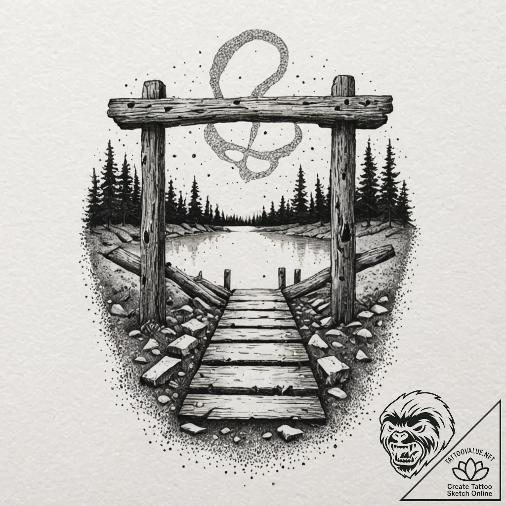 Tattoo sketch — ruins of a wooden bridge, pla... - tattoo sketch (№1751485190_0, 02.07.2025 19:39) — tattoovalue.net