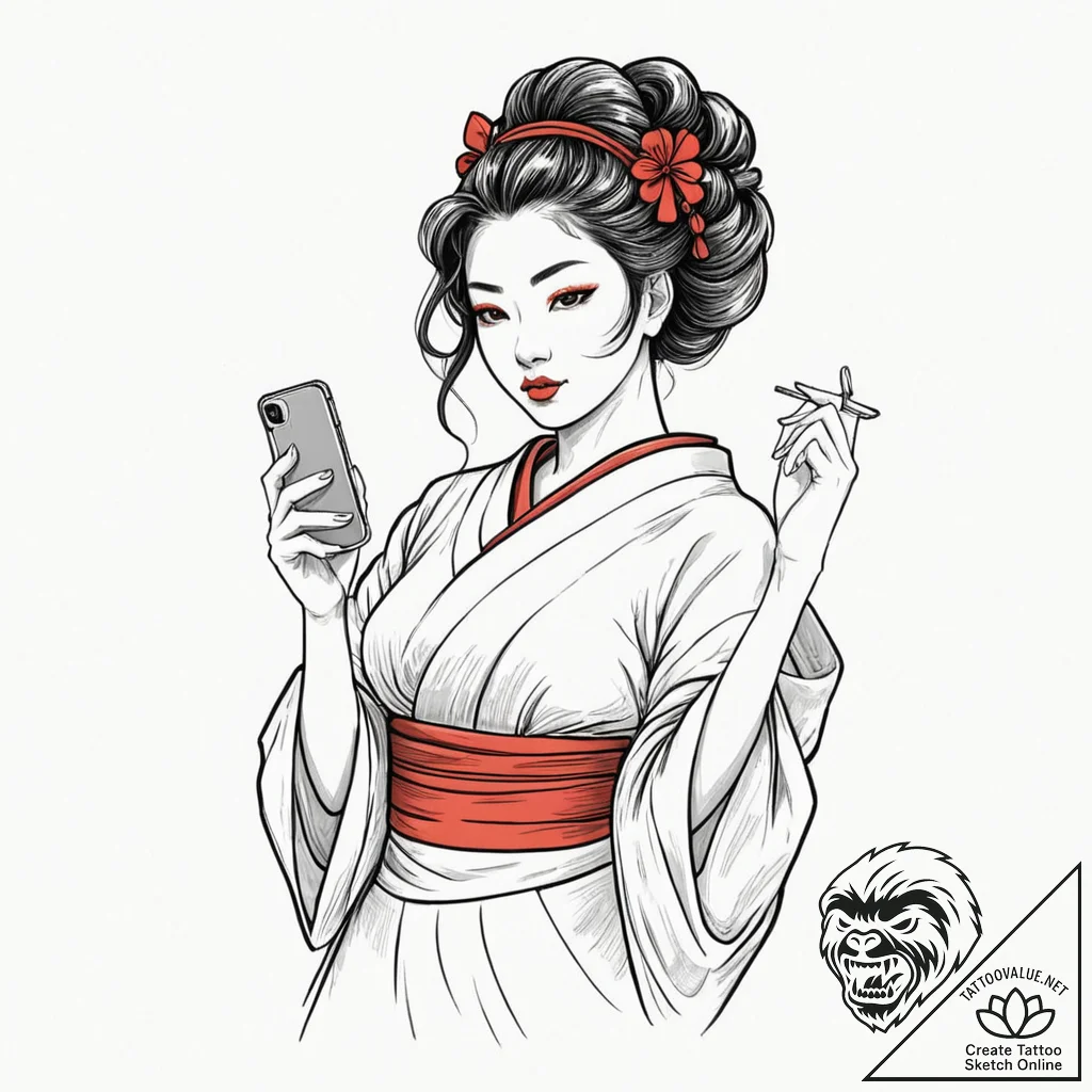 Tattoo design, a beautiful geisha, but she is... - tattoo sketch (№1751485272_0, 02.07.2025 19:41) — tattoovalue.net