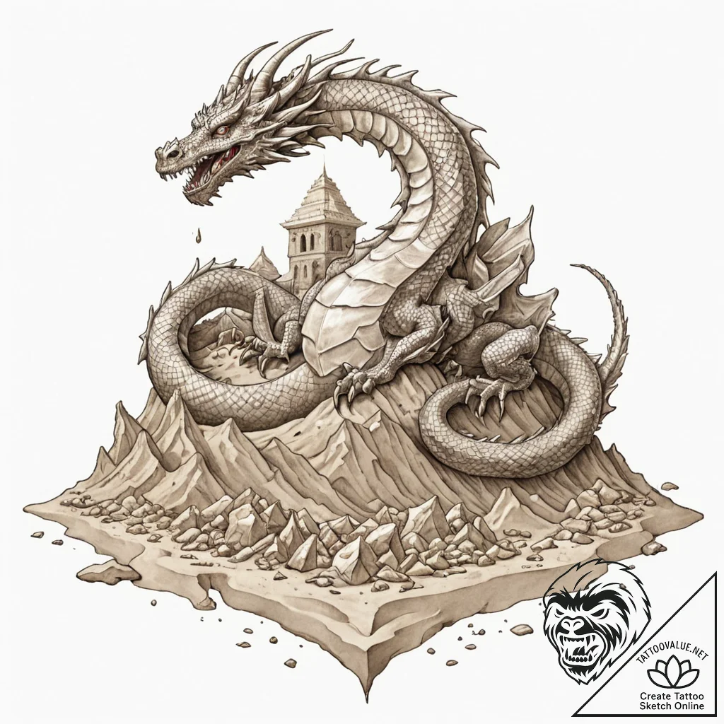 Tattoo design, fafnir dragon sleeping on a pi... - tattoo sketch (№1751485354_0, 02.07.2025 19:42) — tattoovalue.net