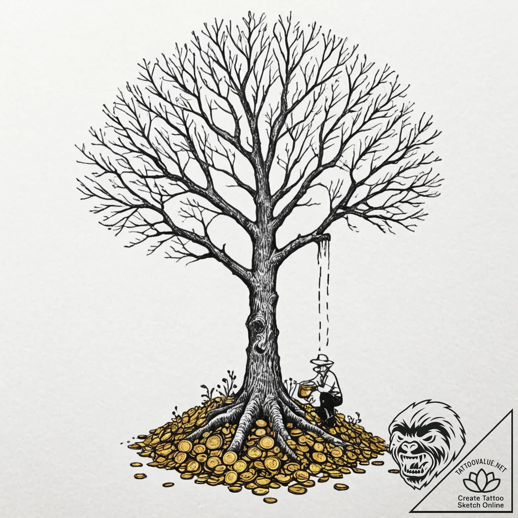 Tattoo design, a person watering a dead tree... - tattoo sketch (№1751485681_0, 02.07.2025 19:48) — tattoovalue.net