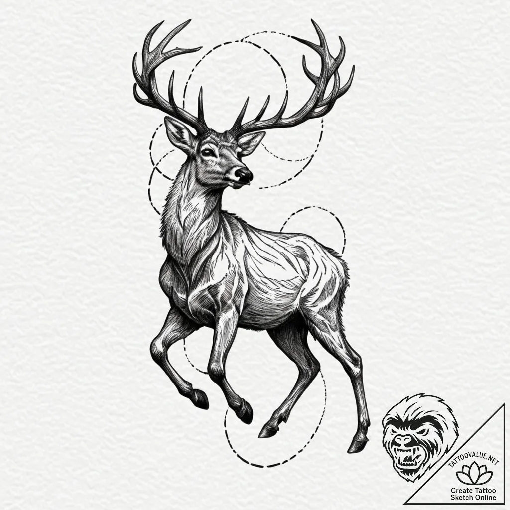 Tattoo sketch of a rune-covered deer walking... - tattoo sketch (№1751487808_0, 02.07.2025 20:23) — tattoovalue.net