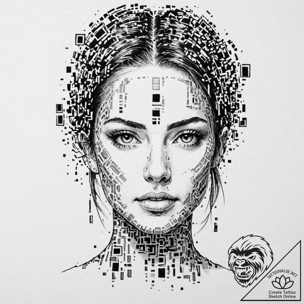 Tattoo design, a face composed entirely of qr... - tattoo sketch (№1751487890_0, 02.07.2025 20:24) — tattoovalue.net