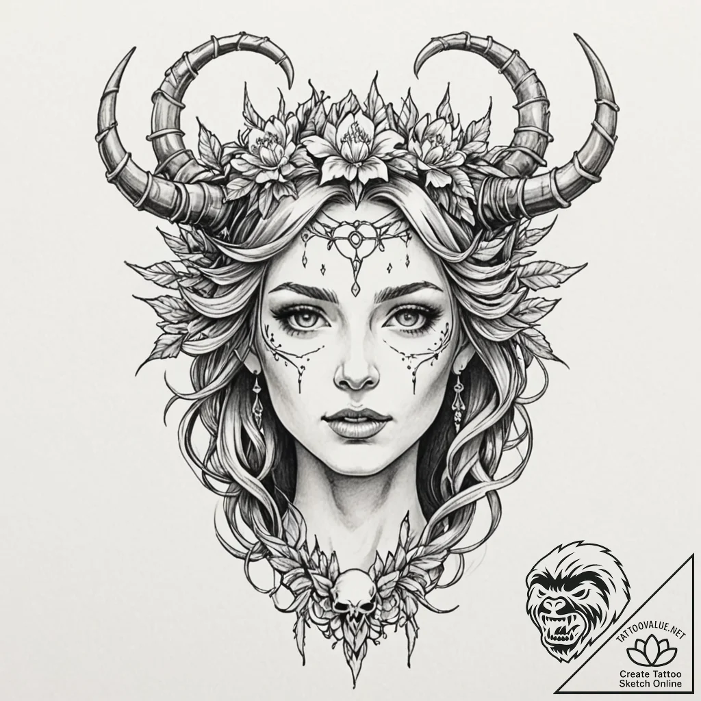 Tattoo design, goddess freya's face, half bea... - tattoo sketch (№1751488134_0, 02.07.2025 20:28) — tattoovalue.net