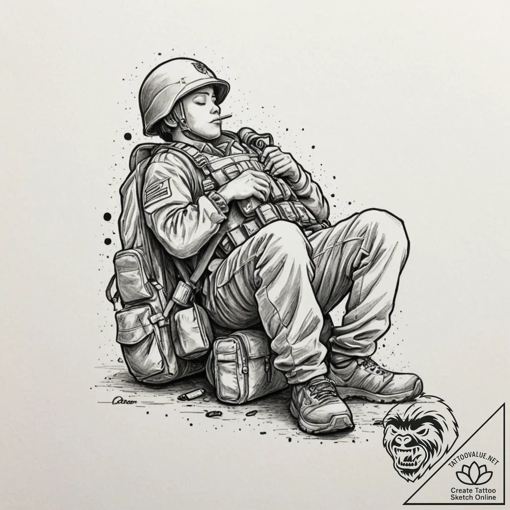 Tattoo design, a soldier asleep, using their... - tattoo sketch (№1751488296_0, 02.07.2025 20:31) — tattoovalue.net