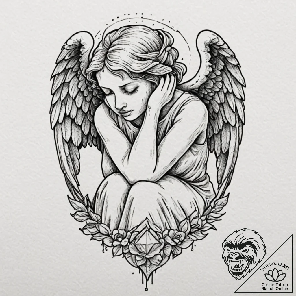 Tattoo design, a weeping angel statue, but it... - tattoo sketch (№1751488378_0, 02.07.2025 20:32) — tattoovalue.net