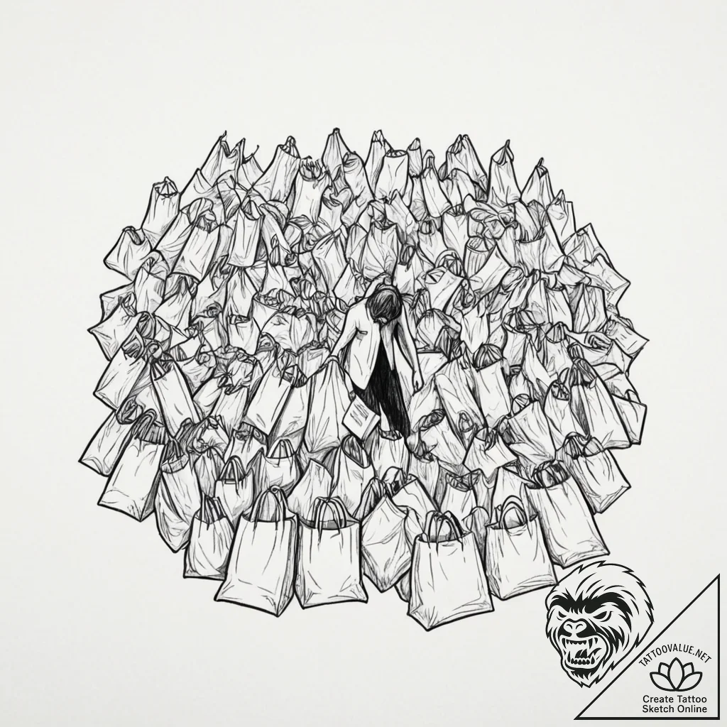 Tattoo design, a person drowning in a sea of... - tattoo sketch (№1751489047_0, 02.07.2025 20:44) — tattoovalue.net
