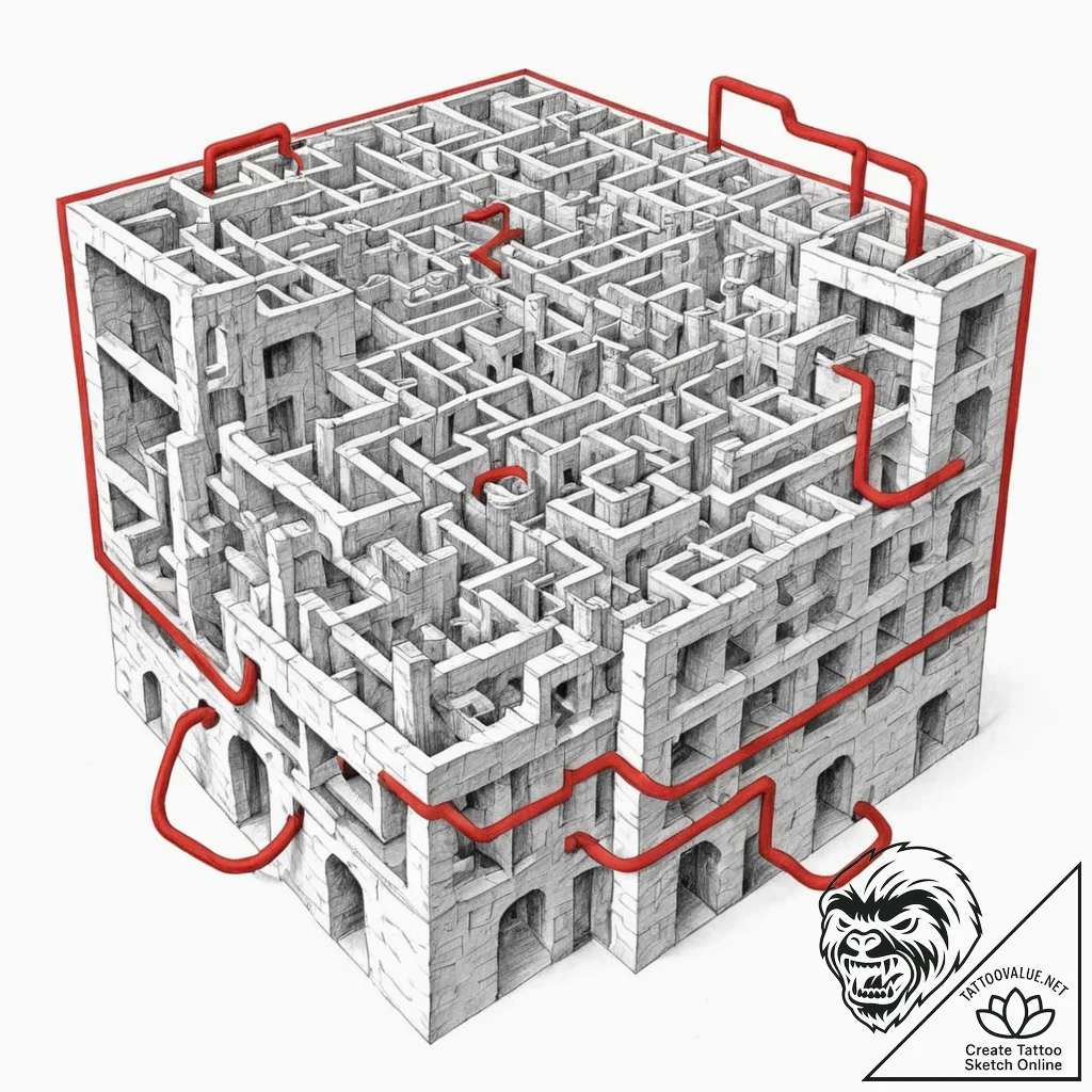 Tattoo design, a maze, where the walls are ma... - tattoo sketch (№1751489793_0, 02.07.2025 20:56) — tattoovalue.net