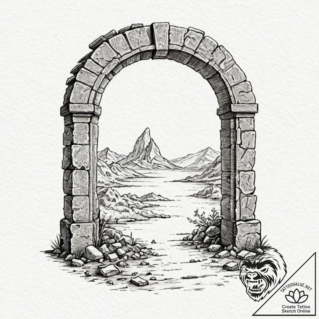 Tattoo design, a doorway standing alone in a... - tattoo sketch (№1751490870_0, 02.07.2025 21:14) — tattoovalue.net