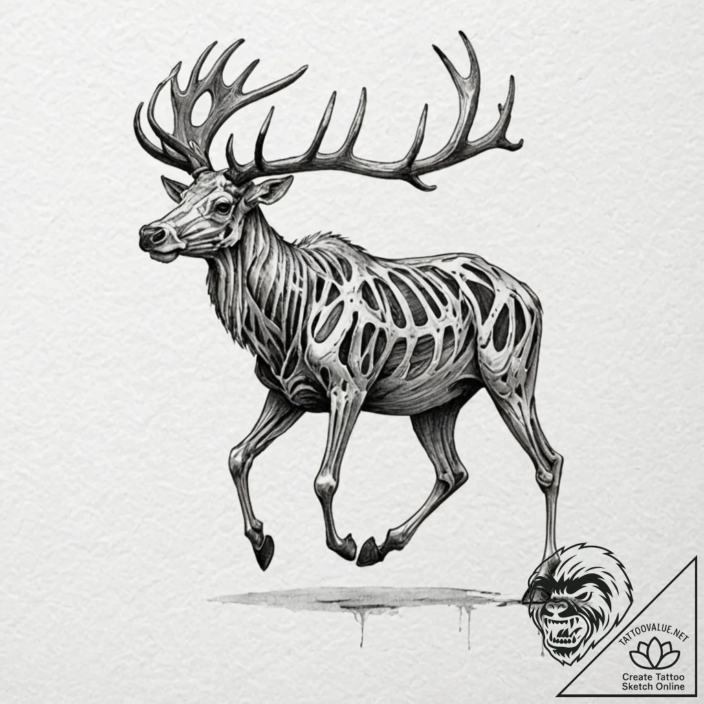 Tattoo sketch — reindeer skeleton turning int... - tattoo sketch (№1751491775_0, 02.07.2025 21:29) — tattoovalue.net