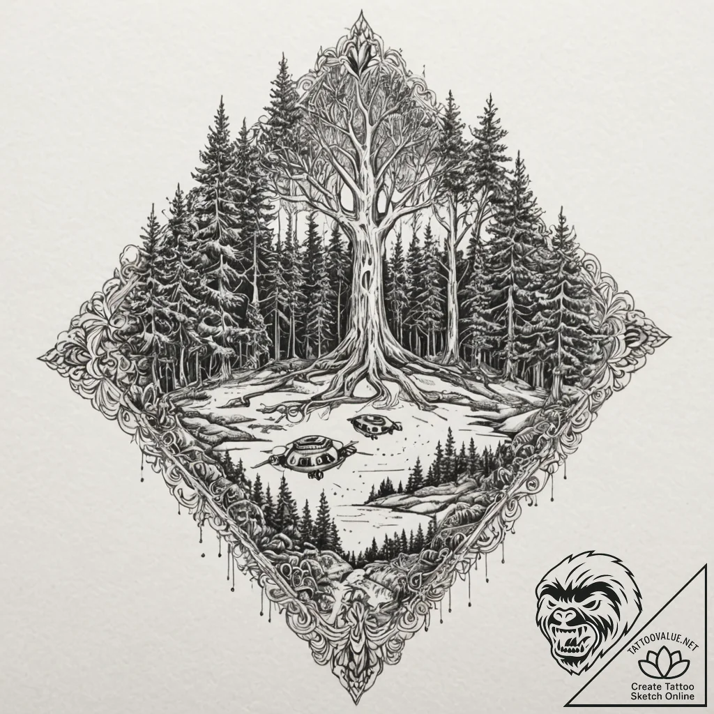 Tattoo design, drone's view of a forest, but... - tattoo sketch (№1751492357_0, 02.07.2025 21:39) — tattoovalue.net