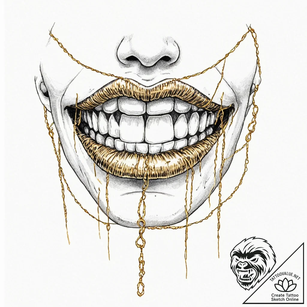 Tattoo design, a mouth, sewn shut with golden... - tattoo sketch (№1751492763_0, 02.07.2025 21:46) — tattoovalue.net