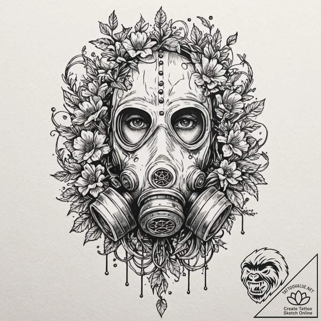 Tattoo design, a gas mask, overgrown with int... - tattoo sketch (№1751494402_0, 02.07.2025 22:13) — tattoovalue.net