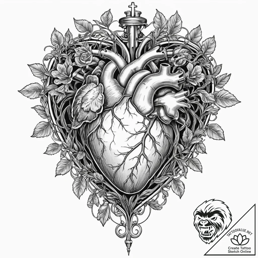Tattoo design, an anatomical heart with a rec... - tattoo sketch (№1751495055_0, 02.07.2025 22:24) — tattoovalue.net