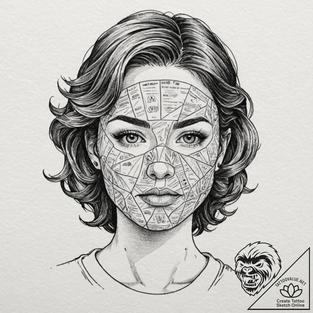 Tattoo design, a human face wearing a mask ma... - tattoo sketch (№1751495137_0, 02.07.2025 22:25) — tattoovalue.net
