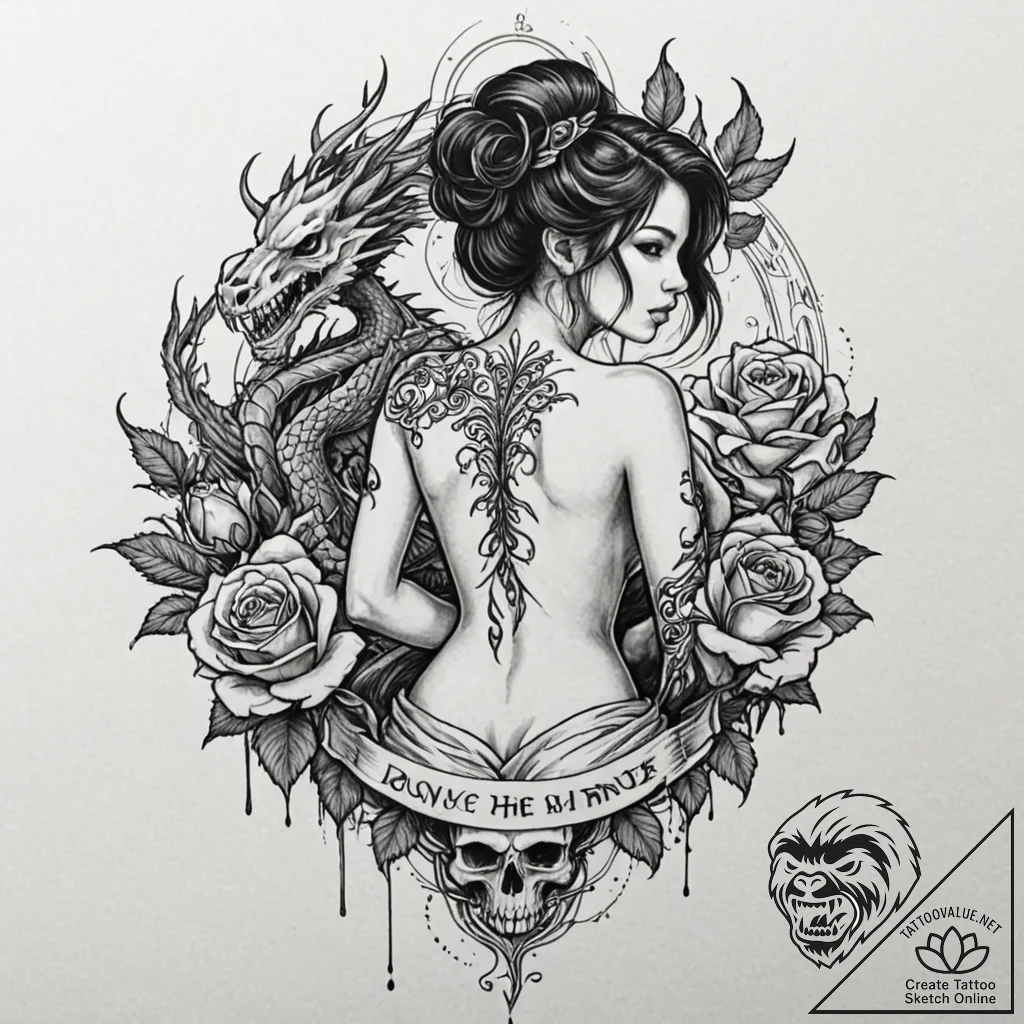 Tattoo design, a beautiful woman with a large... - tattoo sketch (№1751495218_0, 02.07.2025 22:26) — tattoovalue.net