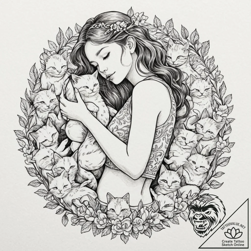 Tattoo sleeve design, cat cafe paradise, a gi... - tattoo sketch (№1751495557_0, 02.07.2025 22:32) — tattoovalue.net