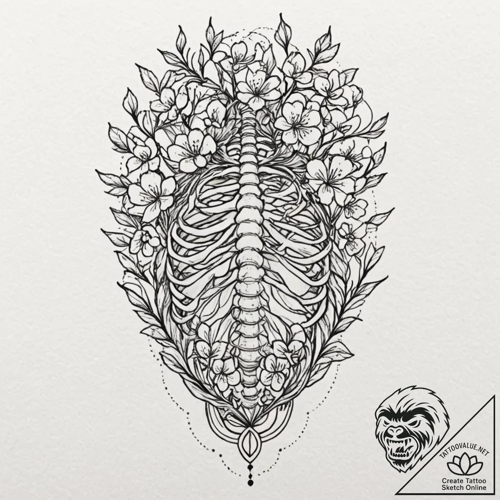 Tattoo design, a ribcage, with blooming cherr... - tattoo sketch (№1751496045_0, 02.07.2025 22:40) — tattoovalue.net
