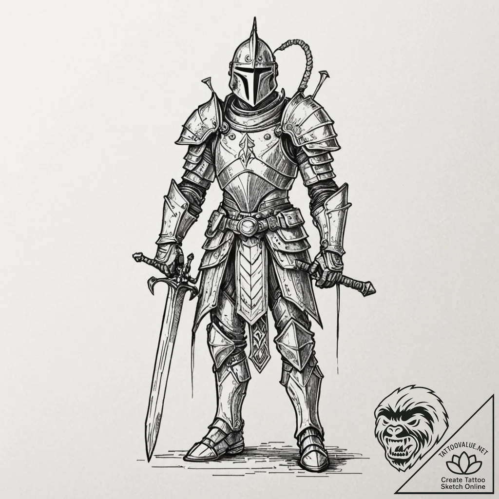 Tattoo design, a knight in full armor, but th... - tattoo sketch (№1751496871_0, 02.07.2025 22:54) — tattoovalue.net