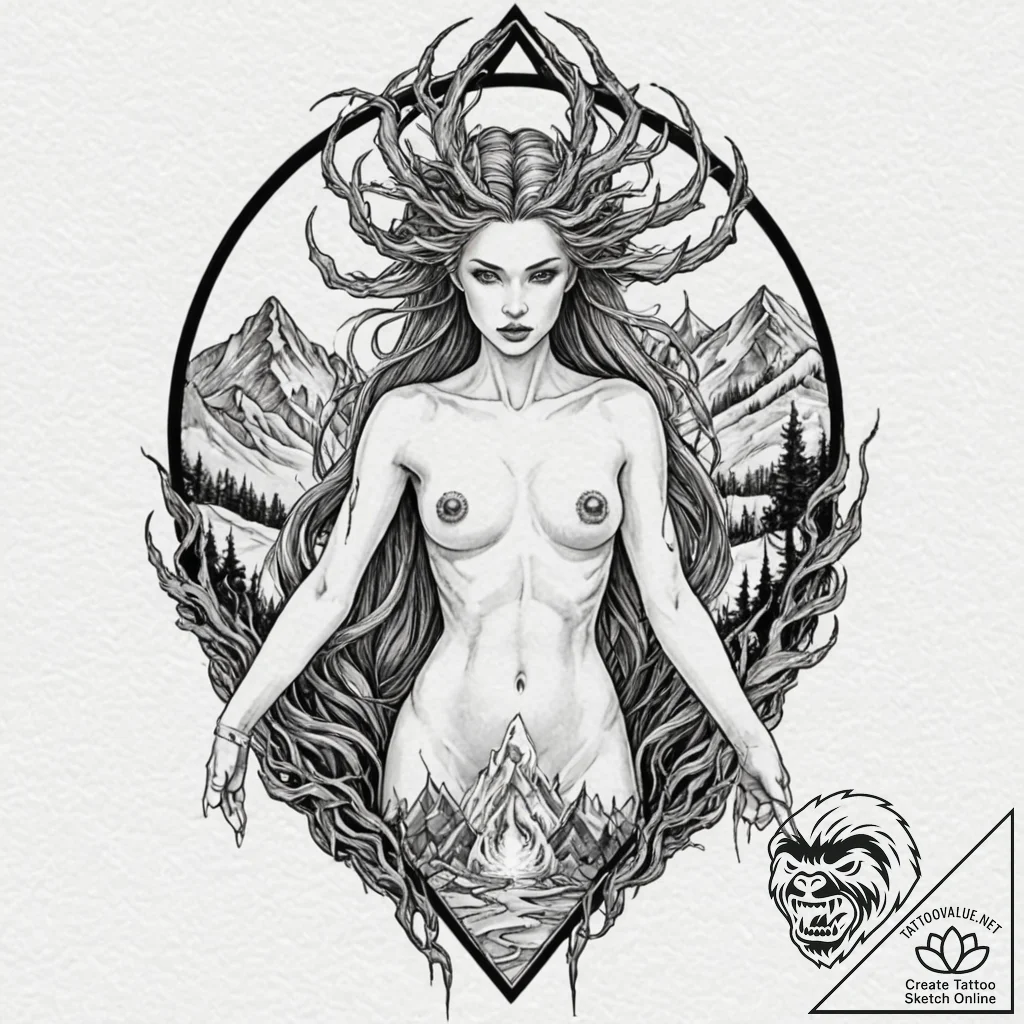 Tattoo design, goddess hel, her body splittin... - tattoo sketch (№1751497939_0, 02.07.2025 23:12) — tattoovalue.net