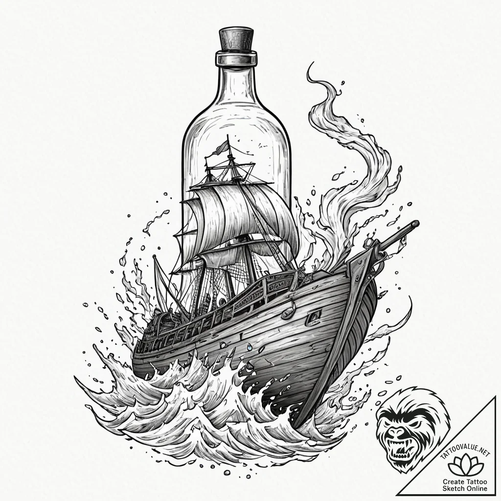Tattoo design, a viking longship in a bottle,... - tattoo sketch (№1751499174_0, 02.07.2025 23:32) — tattoovalue.net