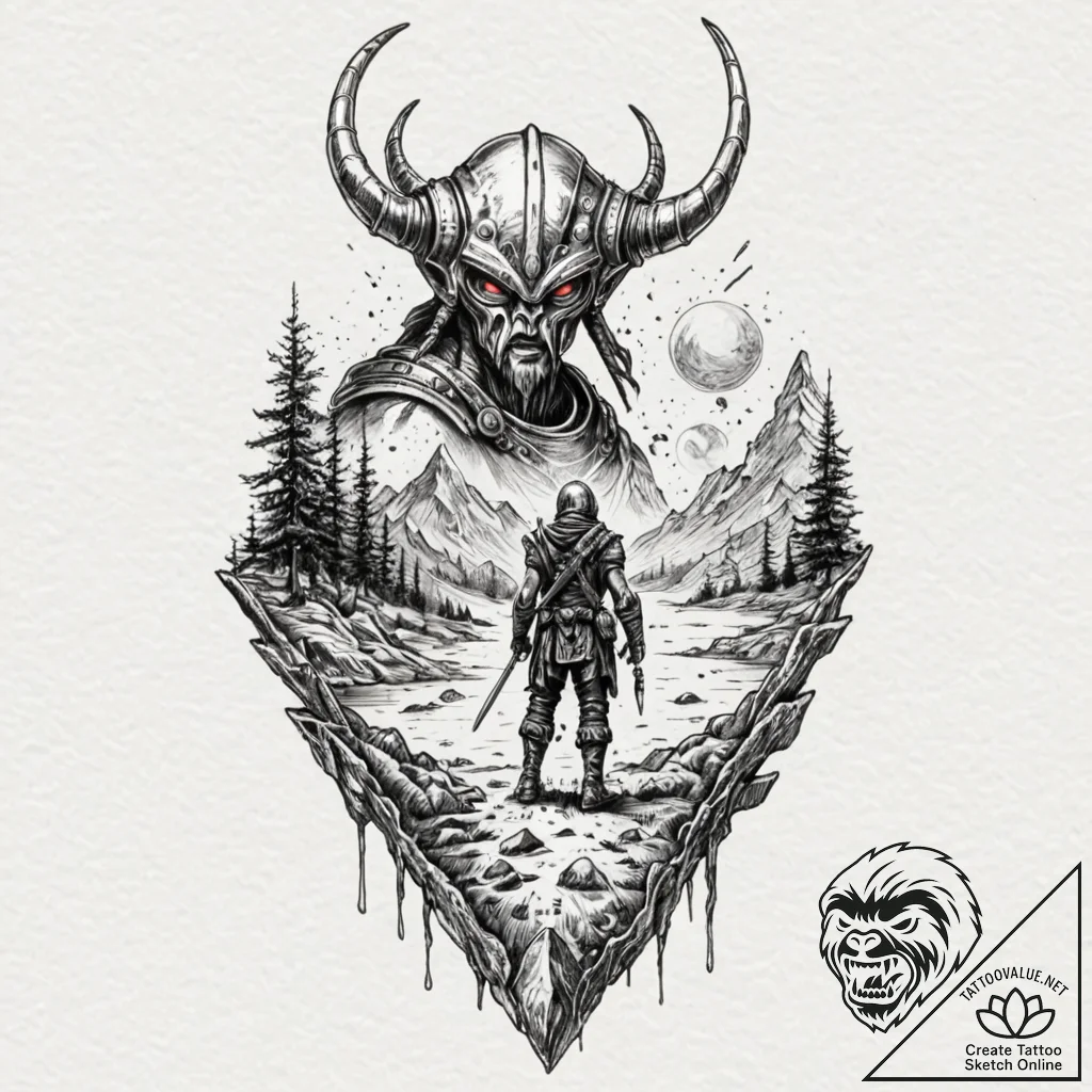Tattoo design, a viking warrior seen from beh... - tattoo sketch (№1751499664_0, 02.07.2025 23:41) — tattoovalue.net