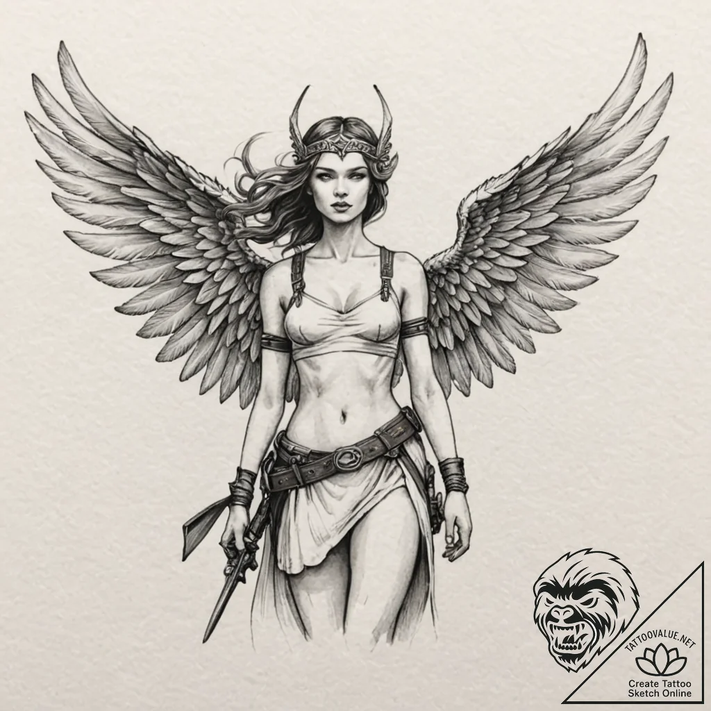 Tattoo design, a valkyrie, but instead of a s... - tattoo sketch (№1751499827_0, 02.07.2025 23:43) — tattoovalue.net