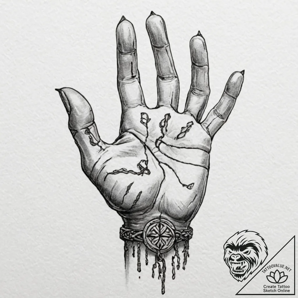 Tattoo design, a warrior's hand, scarred and... - tattoo sketch (№1751500072_0, 02.07.2025 23:47) — tattoovalue.net