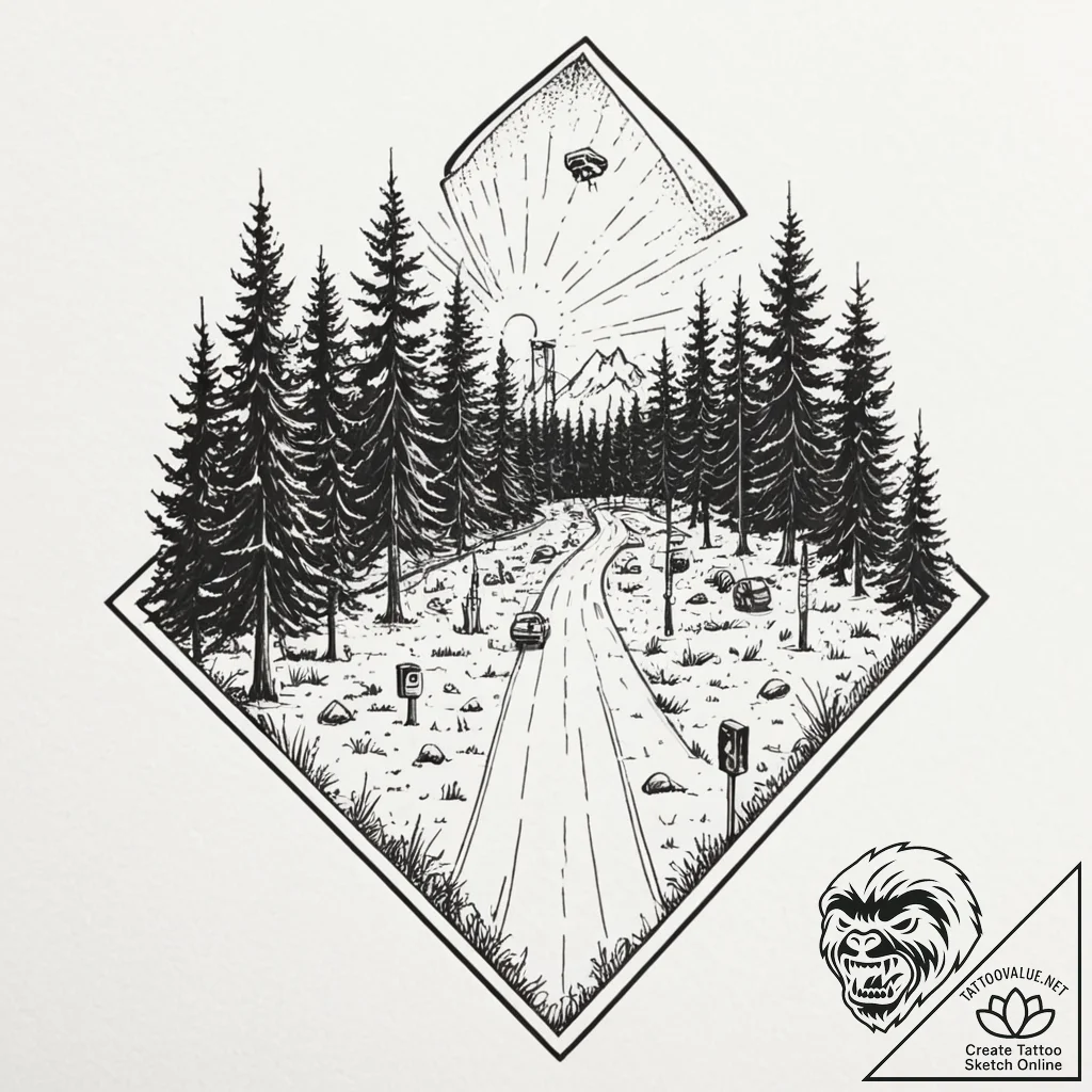 Tattoo design, a forest of streetlights that... - tattoo sketch (№1751500398_0, 02.07.2025 23:53) — tattoovalue.net