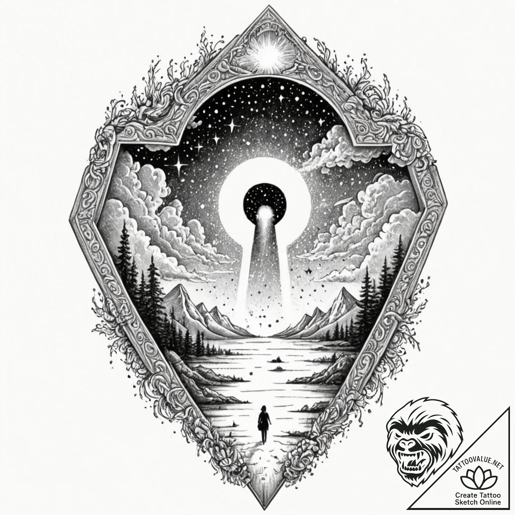 Tattoo design, a giant keyhole in the sky, re... - tattoo sketch (№1751500479_0, 02.07.2025 23:54) — tattoovalue.net