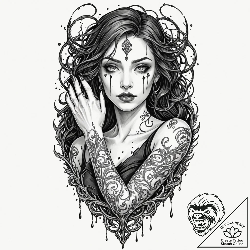 Tattoo sleeve design, cursed bloodline, a sto... - tattoo sketch (№1751500641_0, 02.07.2025 23:57) — tattoovalue.net