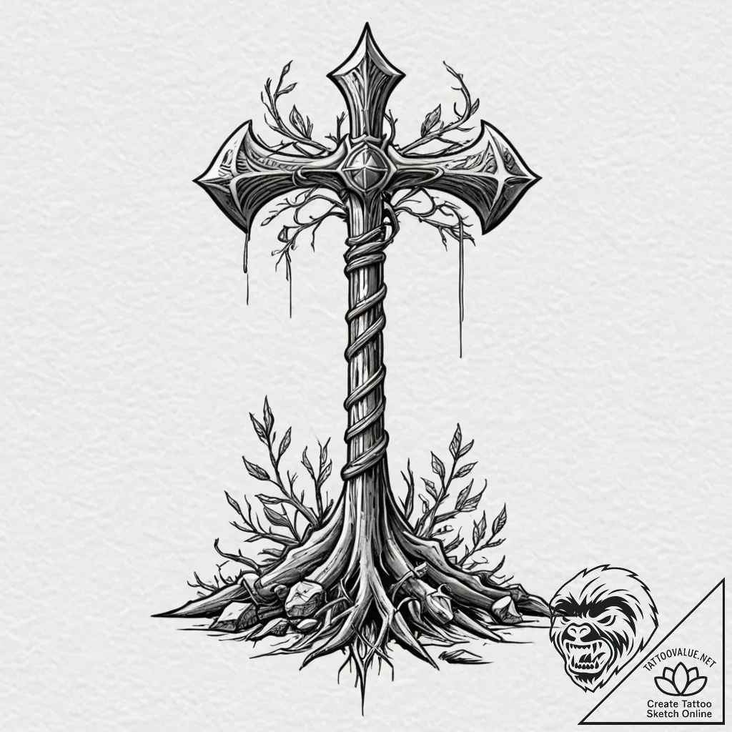 Tattoo sketch of viking axe with tree roots i... - tattoo sketch (№1751501420_0, 03.07.2025 00:10) — tattoovalue.net