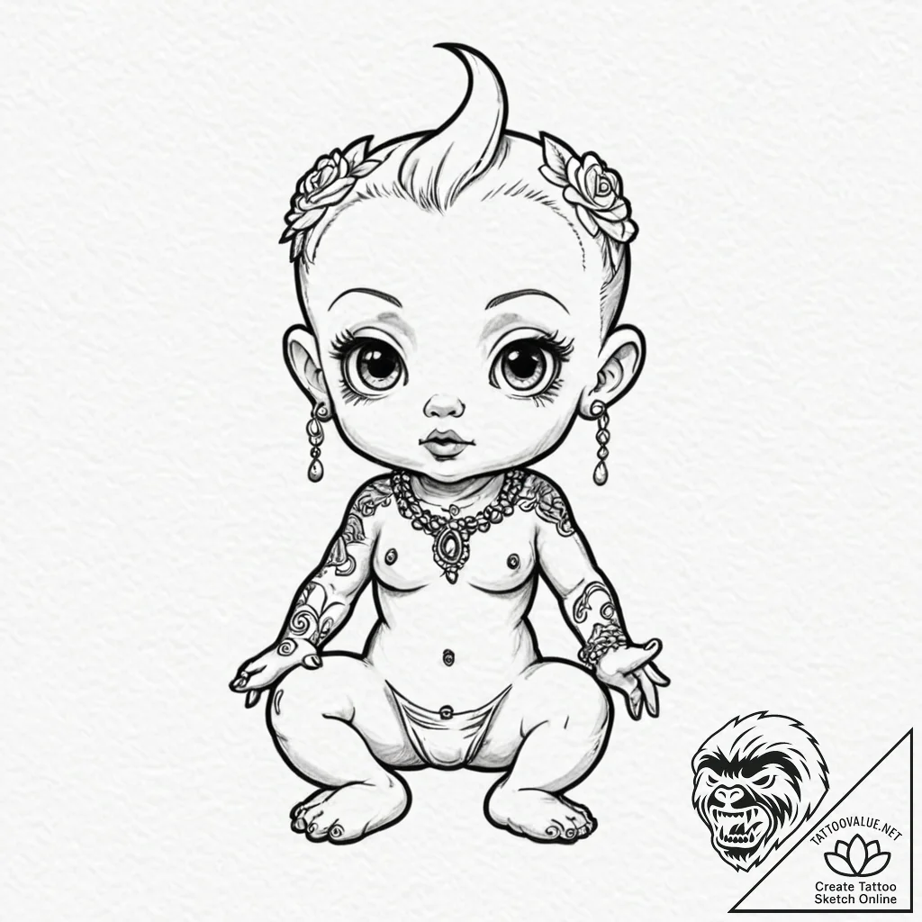 Tattoo design, a kewpie doll, but with tattoo... - tattoo sketch (№1751501591_0, 03.07.2025 00:13) — tattoovalue.net