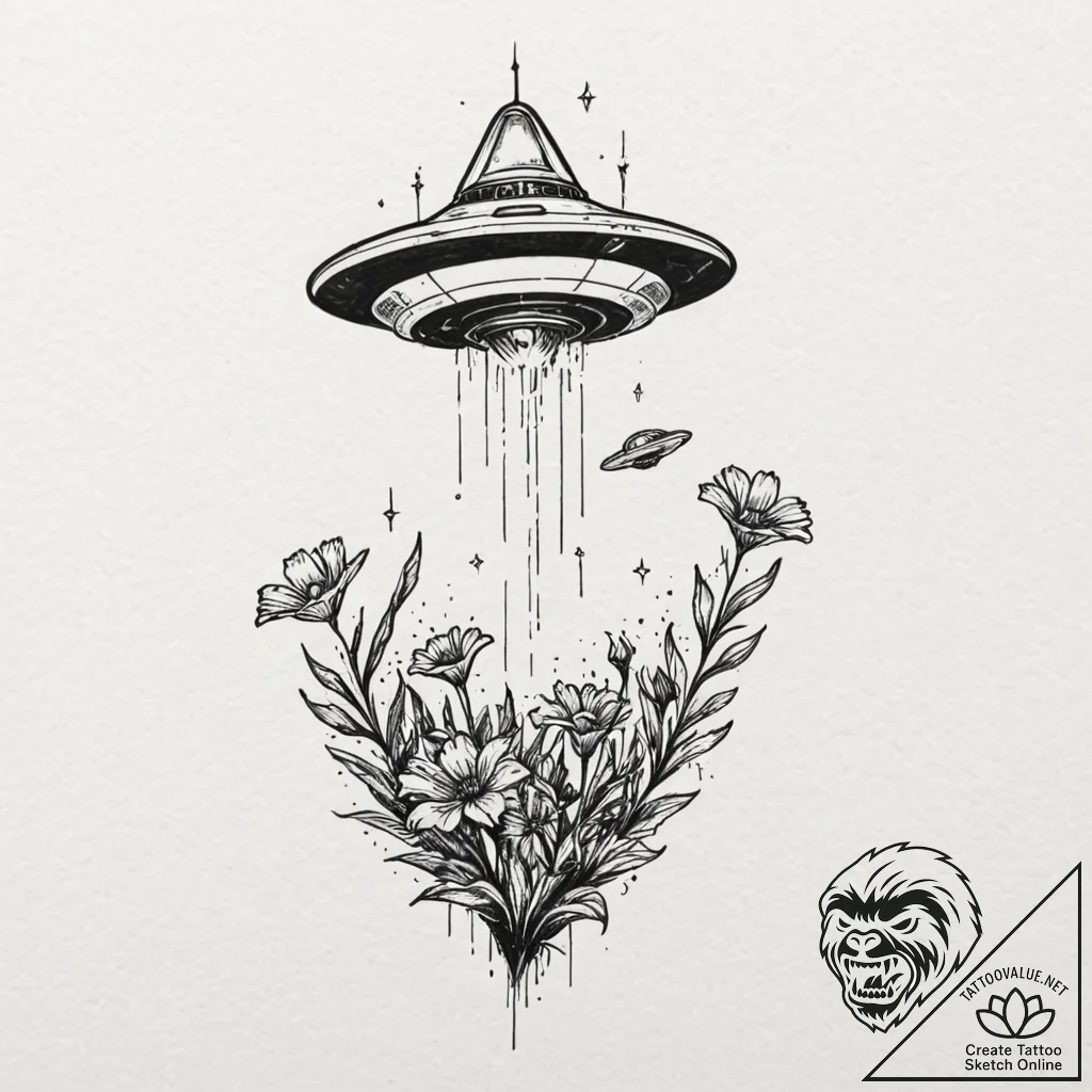 Tattoo design, handpoke style, a tiny ufo bea... - tattoo sketch (№1751501968_0, 03.07.2025 00:19) — tattoovalue.net