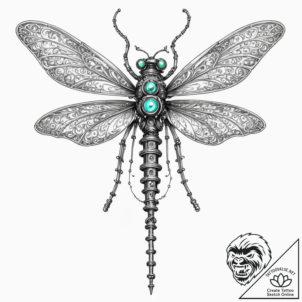 Tattoo design, a mechanical dragonfly, its wi... - tattoo sketch (№1751502211_0, 03.07.2025 00:23) — tattoovalue.net