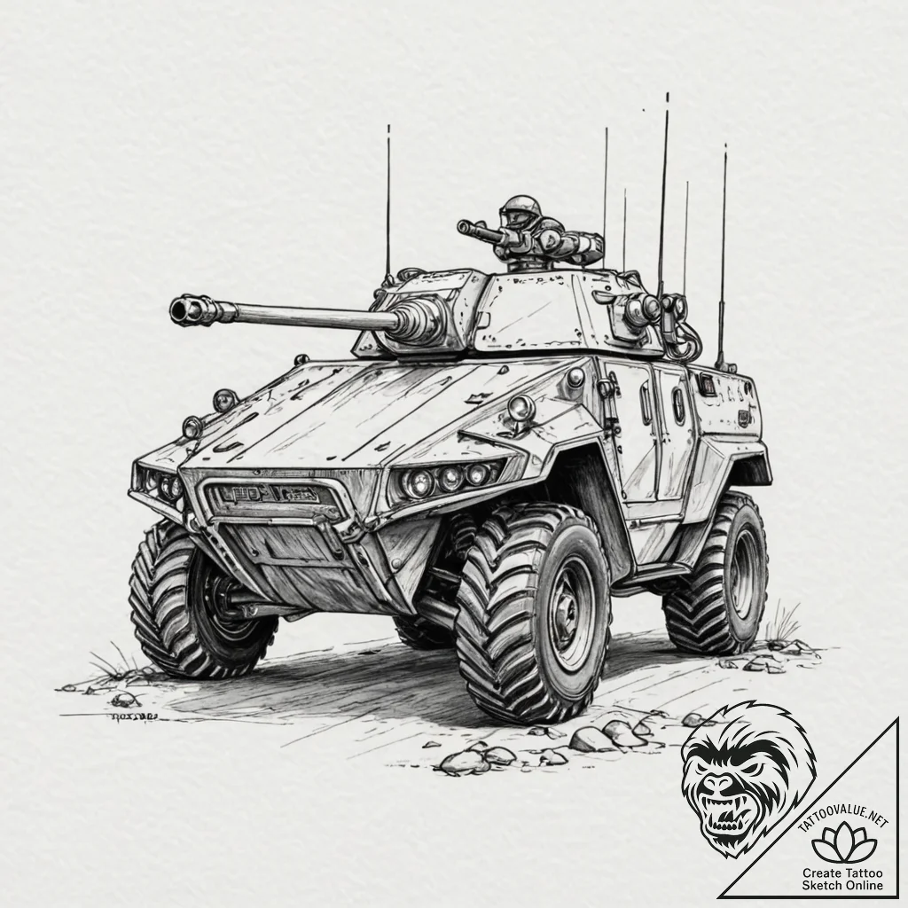 Tattoo design, a modern armored vehicle done... - tattoo sketch (№1751502300_0, 03.07.2025 00:25) — tattoovalue.net