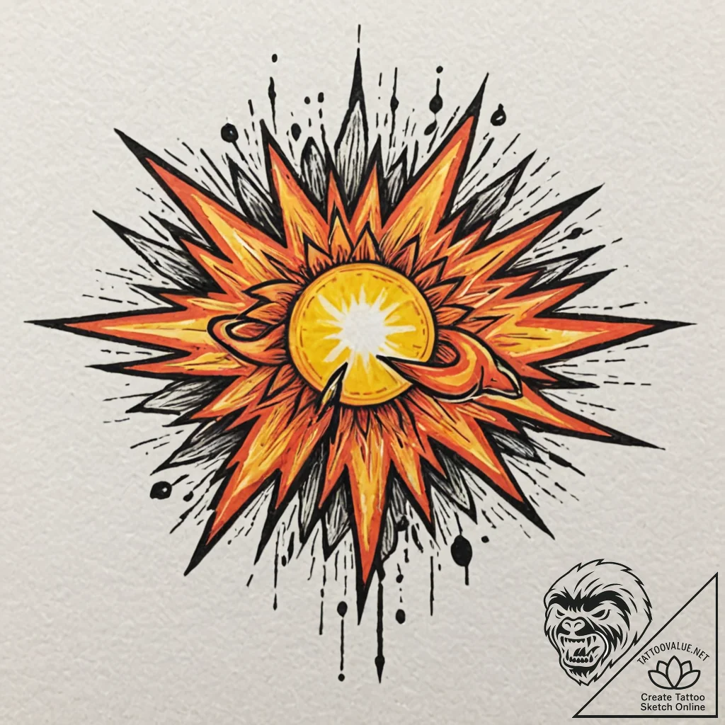 Tattoo design, a solar flare, depicted as an... - tattoo sketch (№1751502381_0, 03.07.2025 00:26) — tattoovalue.net