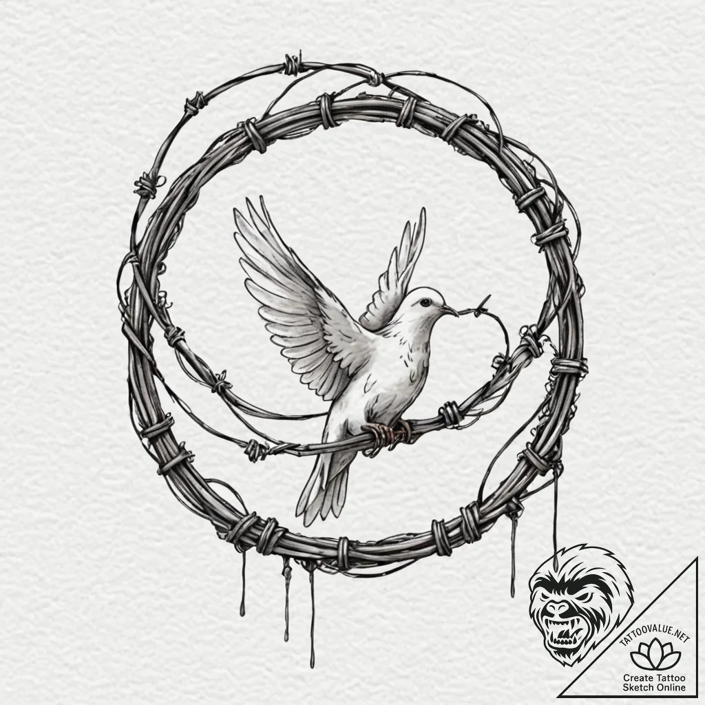 Tattoo design, a dove of peace, tangled in ba... - tattoo sketch (№1751502634_0, 03.07.2025 00:30) — tattoovalue.net